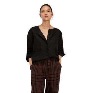 Everlane Black Linen Popover Half Button Blouse